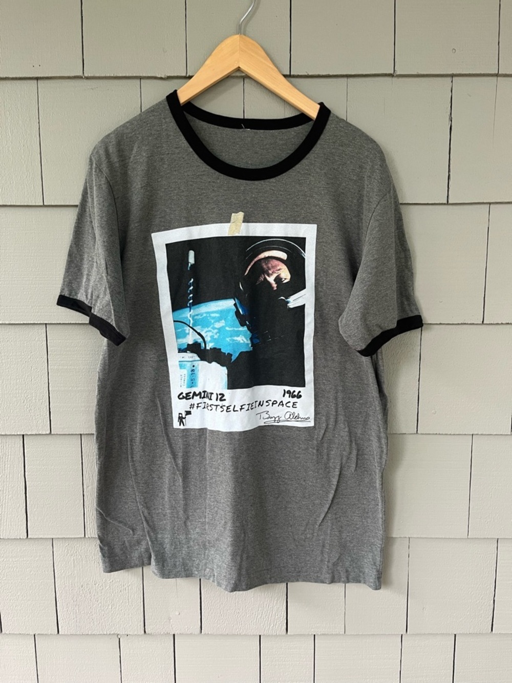 Gemini 12 Buzz Aldrin Gray Graphic Ringer Tee with Black Trim